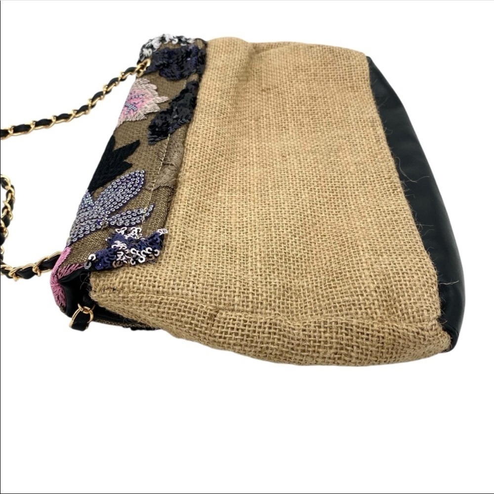 Floral Embroidered Sequin Woven Jute Clutch Shoulder Bag - Picture 10 of 15
